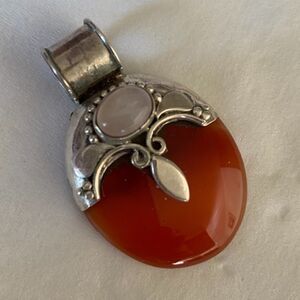 𝅺STERLING SILVER 925 VINTAGE CARNELIAN PINK QUARZ LARGE PENDANT​​
